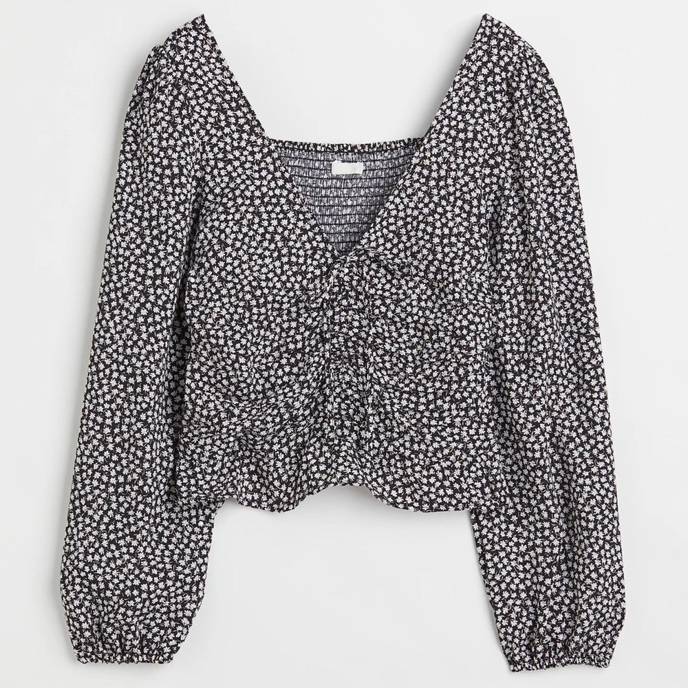 H&M Draped Blouse, Black/Floral, Size L